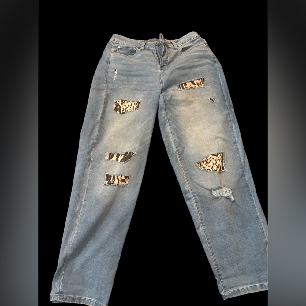 INC Denim - women’s jeans w/animal print “cutouts”, size 12/boyfriend